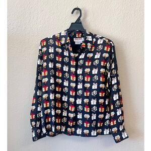 Vintage Retro 1980s Black Silk Blouse in Size 6 with Fun Gift Box Pattern